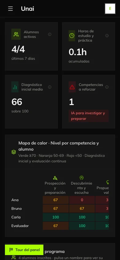 Real teaching dashboard on a phone, with test students
