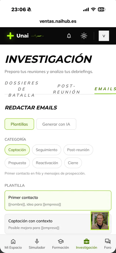 Research in Unai: email templates by category