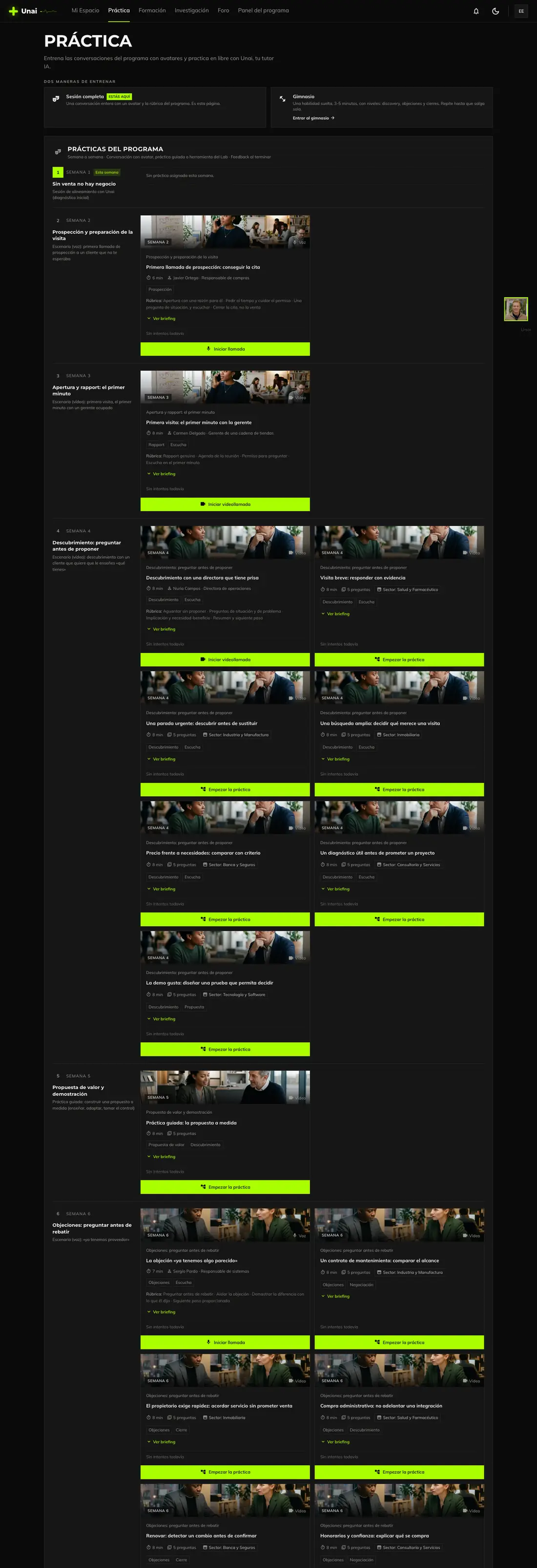Real Practice page in Unai: programme scenarios week by week